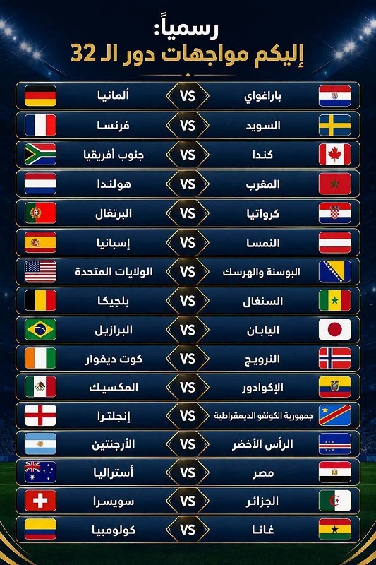 من نتائج مباريات كاس العالم 2026  الأحد 28-6-2026 الجولة 3